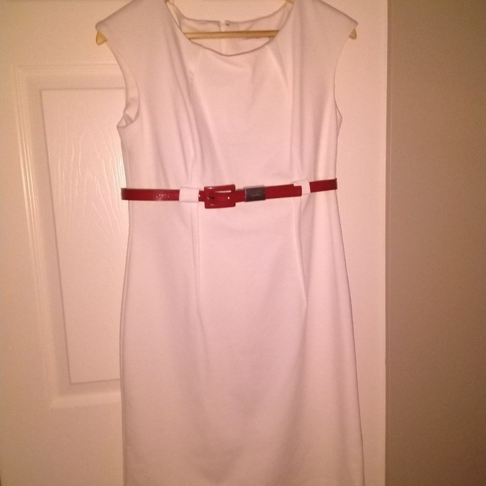 Calvin Klein White Midi Dress with Red Belt  ✨NWOT✨